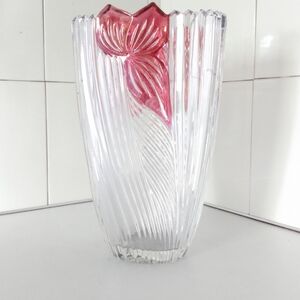 Vintage 70s Deep Cut Glass Oval Vase Dark Pink Flowers Saw Tooth Edge  8"